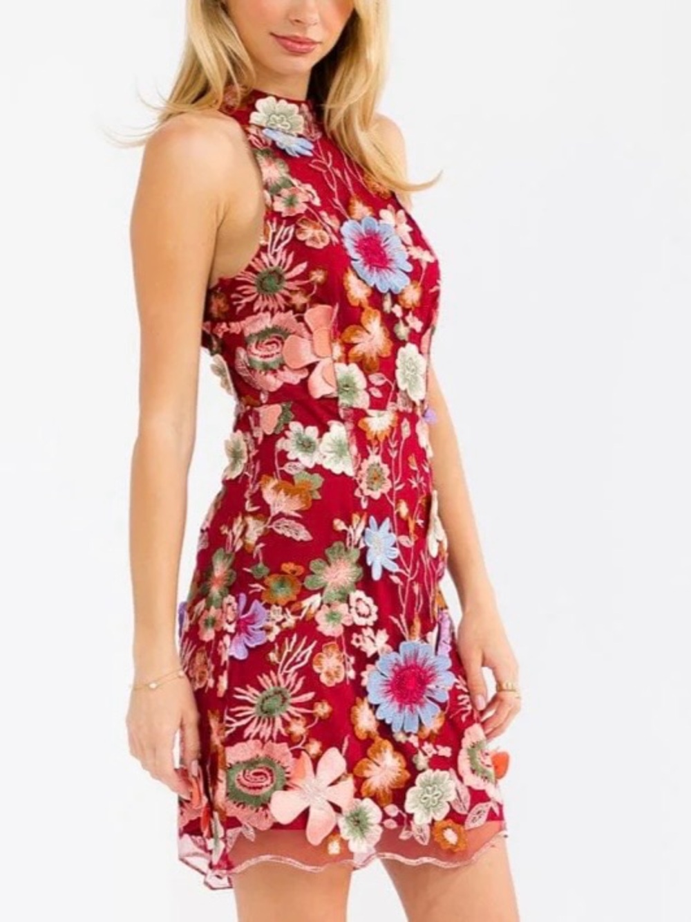 RACER TOP FITTED BURGUNDY MINI DRESS WITH 3D MULTI-COLORED FLORAL DETAILS - Picture 3 of 16